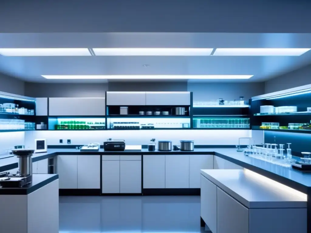 Avanzado laboratorio de síntesis de suplementos nutricionales Científicos en un laboratorio futurista creando suplementos nutricionales de última generación con tecnología avanzada