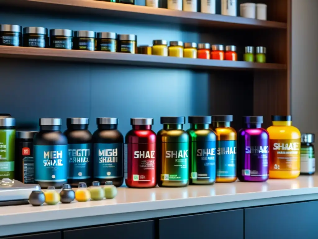 Organización ultradetallada de suplementos para recuperación postIronman Una cocina de atleta con suplementos para recuperación rápida Ironman, organizados con precisión y diseño futurista