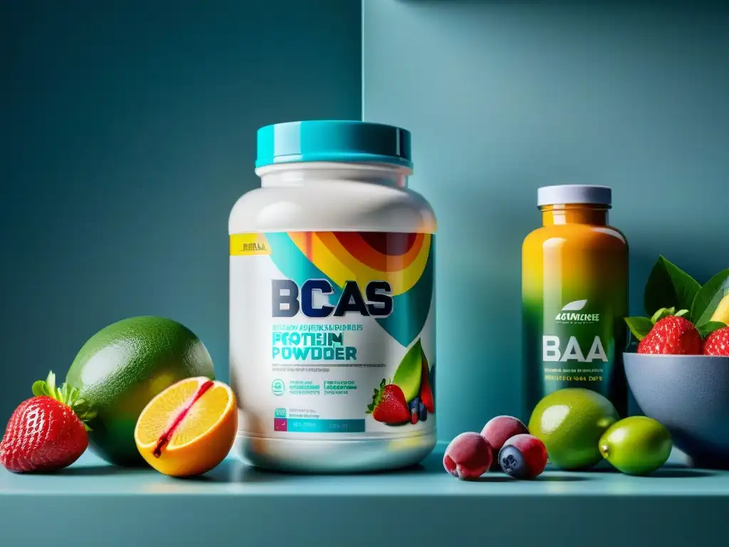 Integración perfecta: Frutas vibrantes y suplementos Una cocina moderna con frutas vibrantes y suplementos de proteína y BCAAs, transmitiendo integración de nutrientes y equilibrio