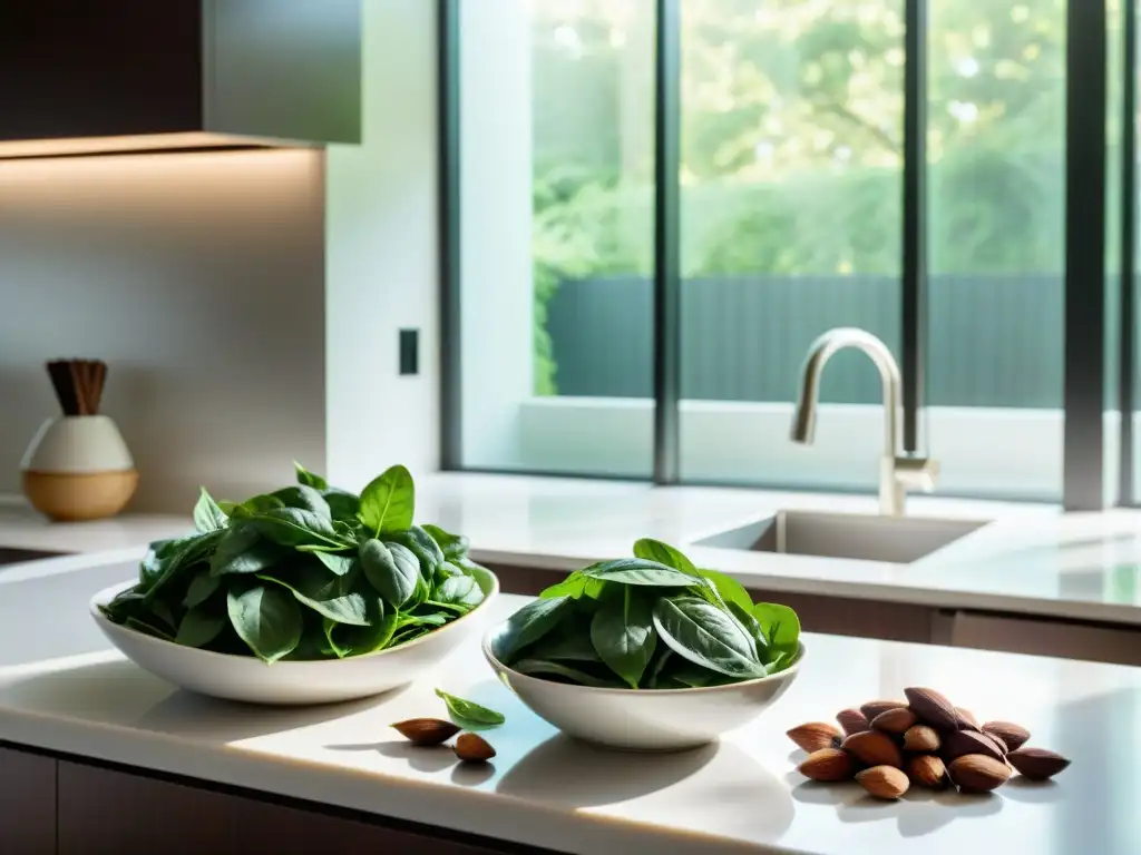 Cocina moderna y serena con alimentos ricos en magnesio Una cocina moderna y serena con alimentos ricos en magnesio, bañada en luz natural