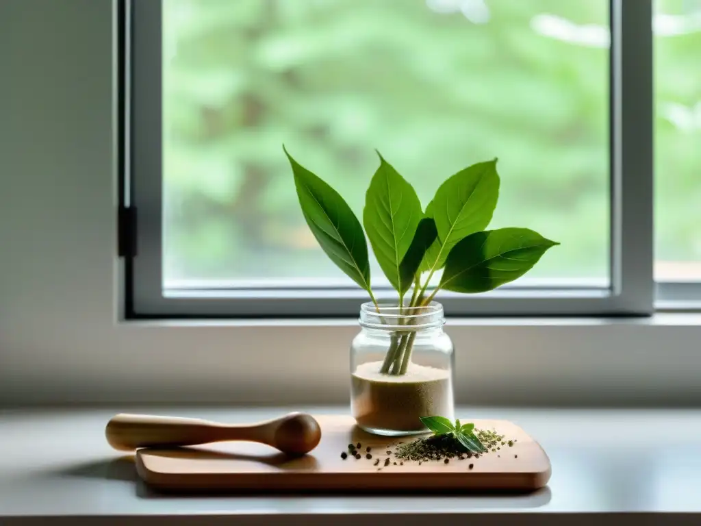 Escena calmante: Ashwagandha vegana en la cocina Una cocina moderna y serena con elementos veganos y naturales, como la ashwagandha en polvo y hojas verdes esparcidas