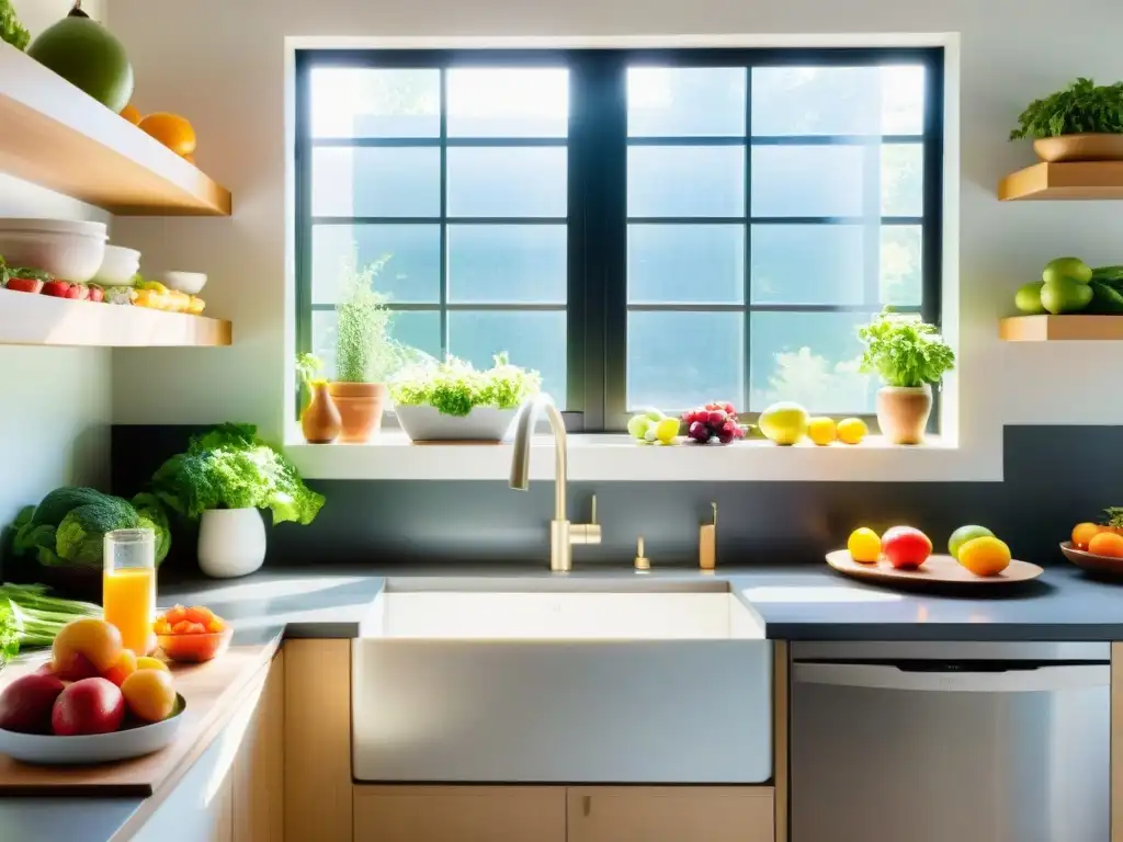 Kitchen Vital: Alimentos Probióticos para una Vida Saludable Una cocina moderna y serena llena de frutas, verduras y lácteos coloridos y frescos