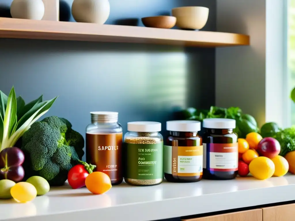 Encantador mostrador de cocina con suplementos y alimentos frescos Una cocina moderna con suplementos adaptógenos y alimentos frescos