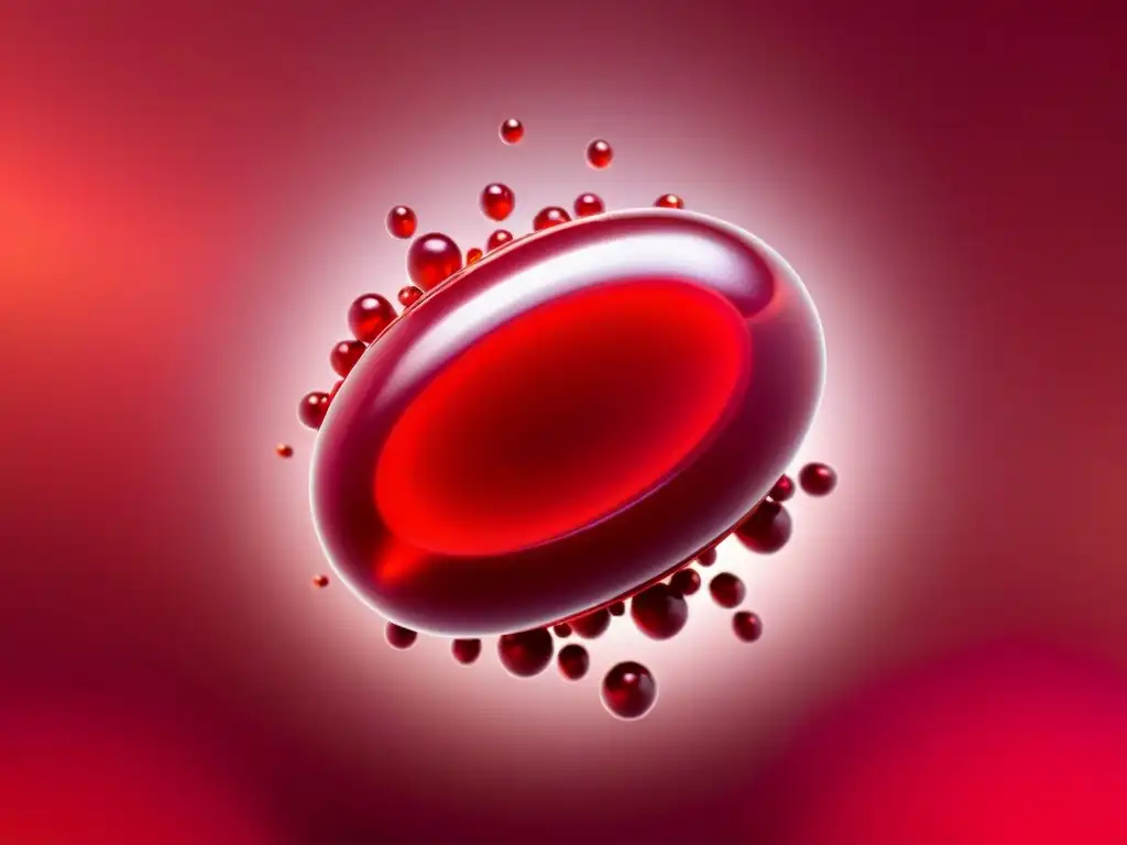 Coenzima Q10: Energía y vitalidad para tu corazón Coenzima Q10 disolviéndose en líquido rojo, rodeada de partículas, con energía brillante, simbolizando beneficios para corazón