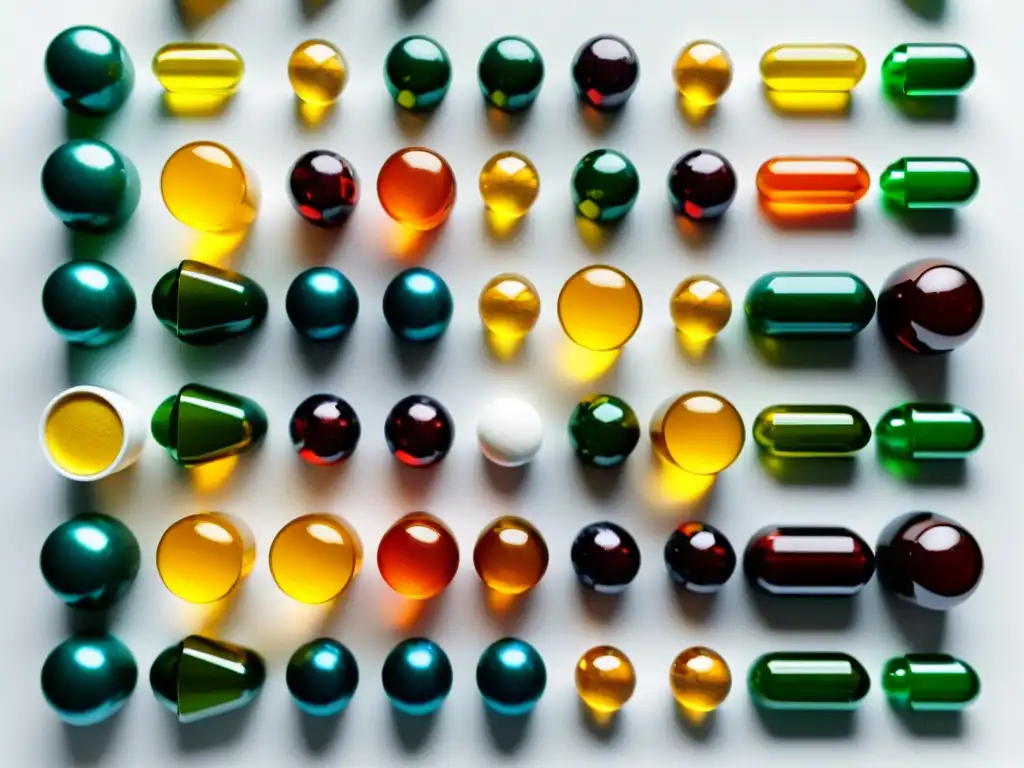Suplementos de vitaminas y minerales: un vistazo detallado Una combinación de suplementos para rendimiento metabólico, ordenados en un elegante patrón sobre una superficie blanca
