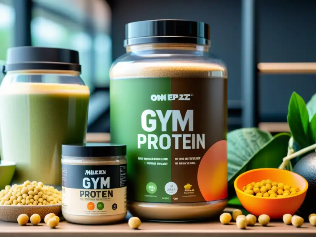 Comparación de Proteínas: Plantbased vs Comparativa batidos proteínas veganas en un moderno gimnasio con equipamiento de vanguardia y opciones de proteína vegana y de suero