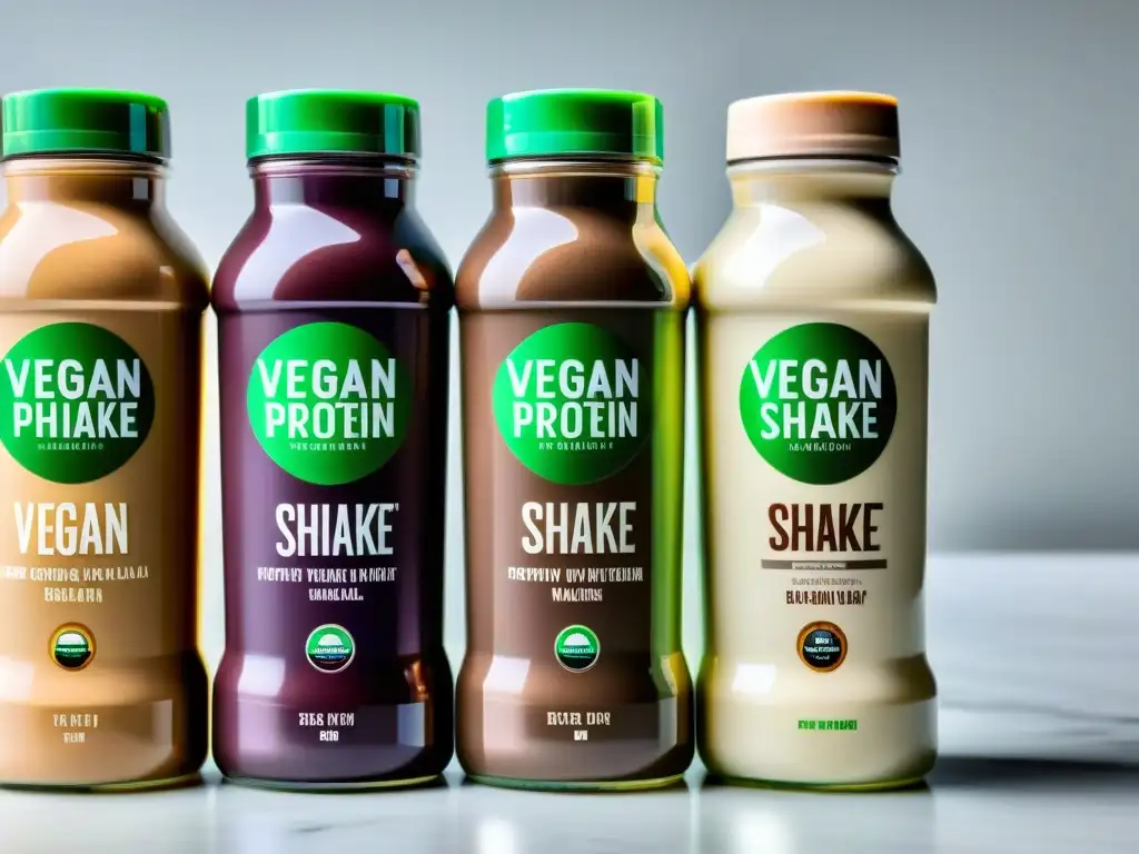 Proteínas veganas: batidos de sabores vibrantes en un ambiente moderno Comparativa batidos proteínas veganas: Botellas de batidos veganos alineadas en una encimera blanca, con etiquetas vibrantes y sabores variados