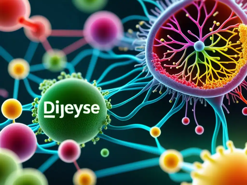 Red enzimática digestiva: precisión científica en alta definición Compleja red de enzimas digestivas en acción, con colores vibrantes representando su eficacia y la precisión científica de su funcionamiento