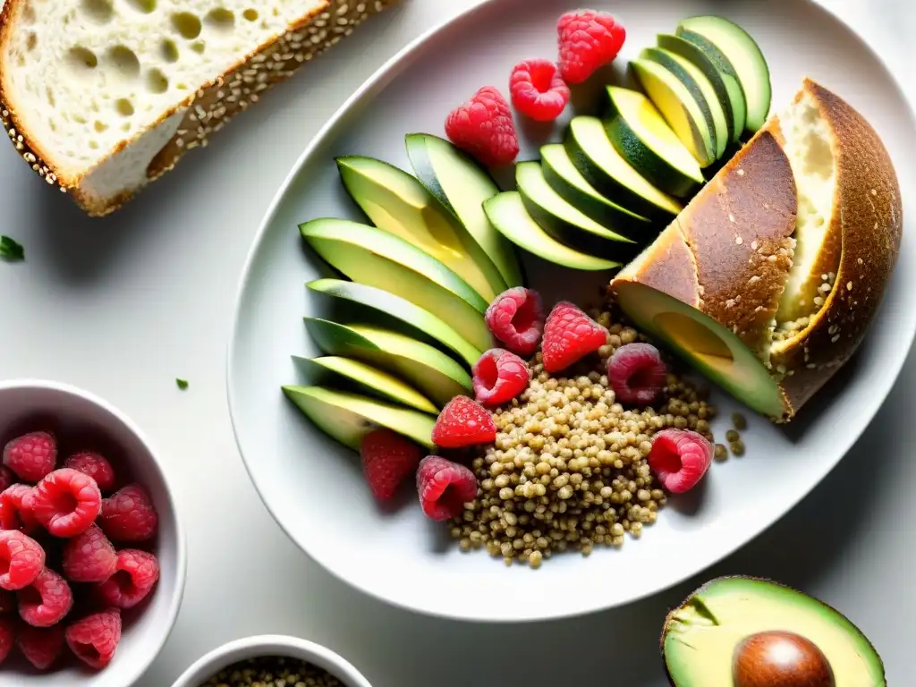 Alimentos ricos en fibra: una explosión de colores y texturas Una composición artística de alimentos ricos en fibra, resaltando su variedad y colores vibrantes