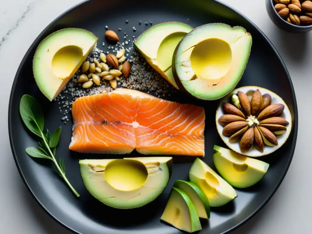 Omega3: Alimentos Ricos en Ácidos Grasos Esenciales Una composición artística de alimentos ricos en omega-3 en un elegante plato negro, mostrando la comparativa suplementos ácidos grasos