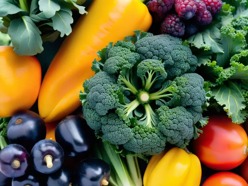 Exuberante variedad de frutas y verduras para una salud visual Una composición artística de frutas y verduras vibrantes, ricas en vitaminas para la visión y prevención