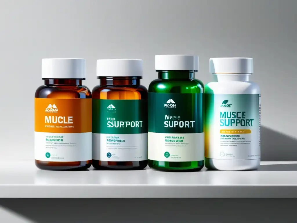 Suplementos para recuperación muscular y neuro apoyo en detalle Una composición de botellas de suplementos para recuperación neuromuscular, con diseño minimalista y aspecto profesional