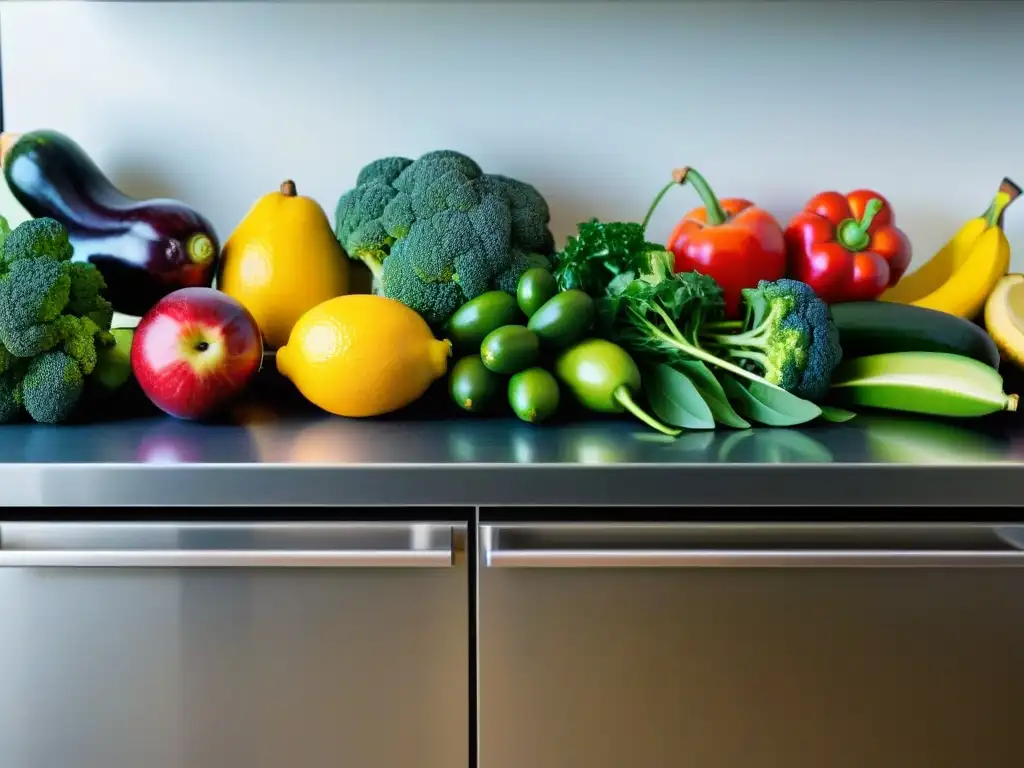 Una composición colorida de frutas y verduras frescas y vibrantes en una cocina moderna, mostrando los beneficios de los aminoácidos no esenciales