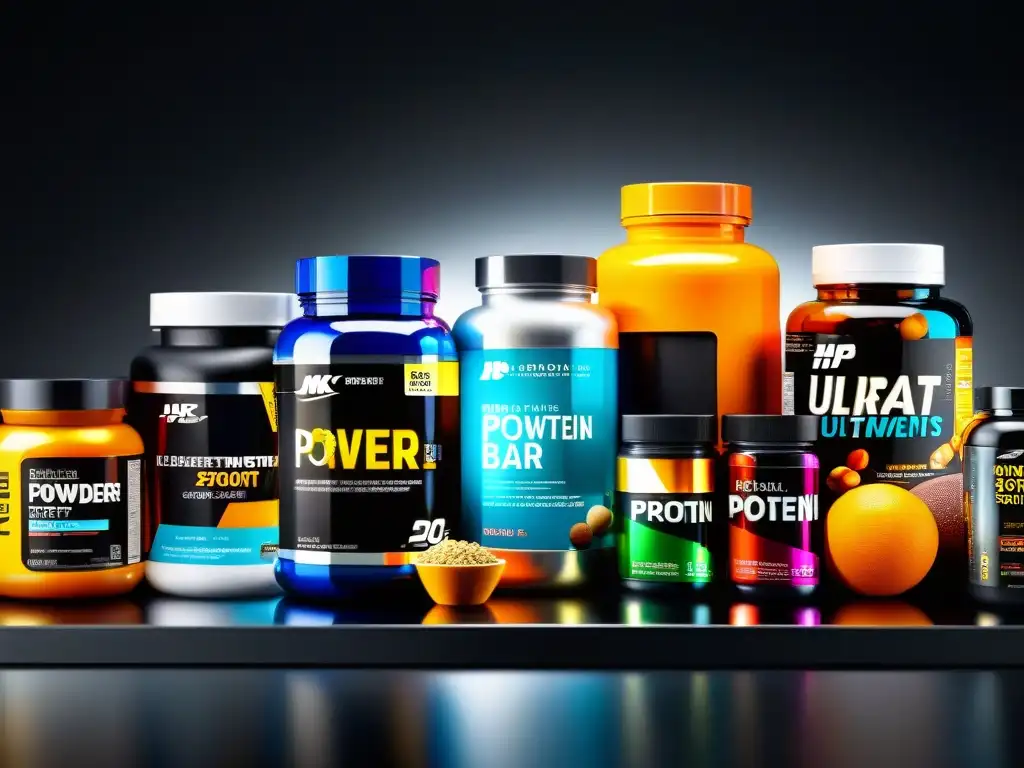 Suplementos deportivos: detalle vibrante y moderno Una composición contemporánea de suplementos deportivos en detalle, las vibrantes etiquetas y texturas brillantes crean una imagen profesional