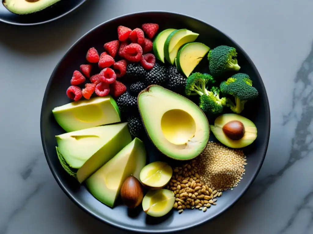 Deliciosos alimentos ricos en fibra para dieta keto Una composición detallada de alimentos ricos en fibra para la dieta keto, con colores vibrantes y texturas variadas
