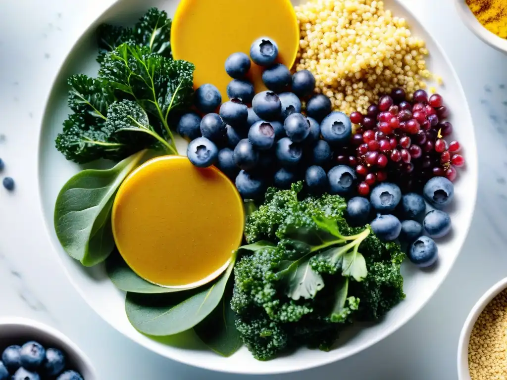 Vibrante composición de superalimentos en closeup Una composición detallada de superalimentos coloridos y frescos en un plato blanco, resaltando la frescura y nutrición