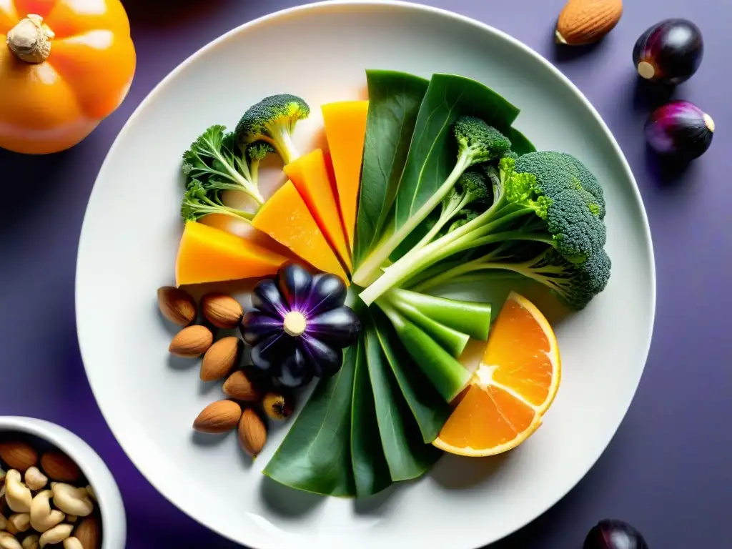 Plato de vegetales y frutos secos: detalle ultravívido Una composición detallada de vegetales y nueces coloridos en un elegante plato blanco