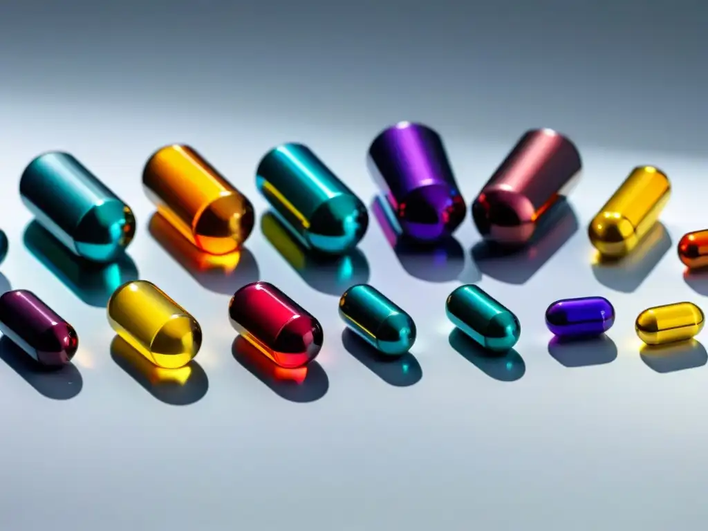 Suplementos de colores: precisión y calidad en un patrón vibrante Una composición detallada y vibrante de suplementos para autoinmunidad en un patrón geométrico preciso sobre una superficie blanca moderna