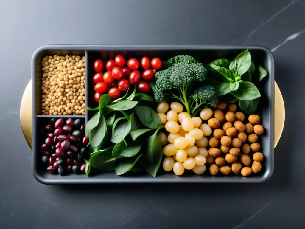 Variedad de alimentos ricos en hierro: composición vibrante y sofisticada Una composición exquisita de alimentos ricos en hierro en una elegante bandeja de mármol negro, ideal para la suplementación de hierro en dieta keto