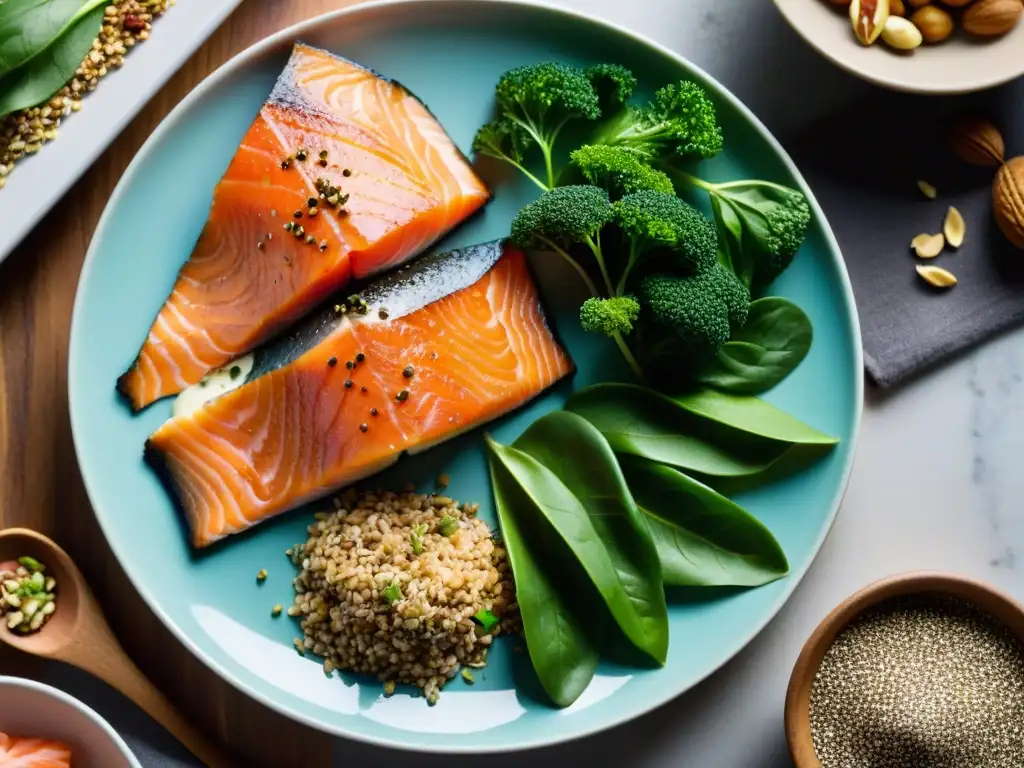 Plato de alimentos ricos en omega3: frescura y vitalidad Una composición fresca y colorida de alimentos ricos en omega-3 para aliviar el estrés