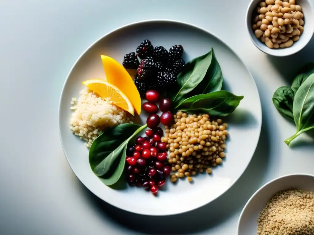Alimentos ricos en fibra: una explosión de colores y texturas Una composición visualmente impactante que representa los beneficios de la fibra dietética a través de una variedad de alimentos coloridos y texturizados en un plato blanco minimalista