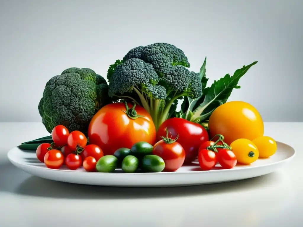 Exquisita exhibición de superalimentos frescos en plato blanco Una composición visualmente impactante de frutas y verduras coloridas, que encarna la belleza natural y diversidad de los superalimentos