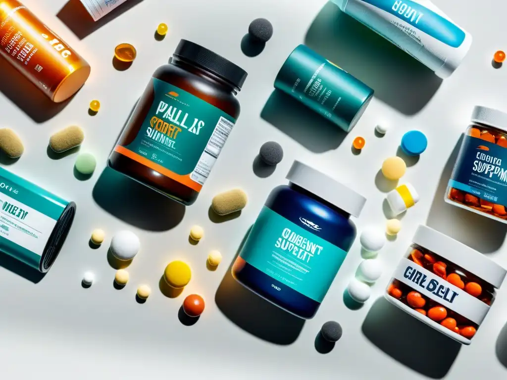 Una composición meticulosa de suplementos deportivos en una mesa blanca, proyecta profesionalismo y sofisticación en la industria del fitness