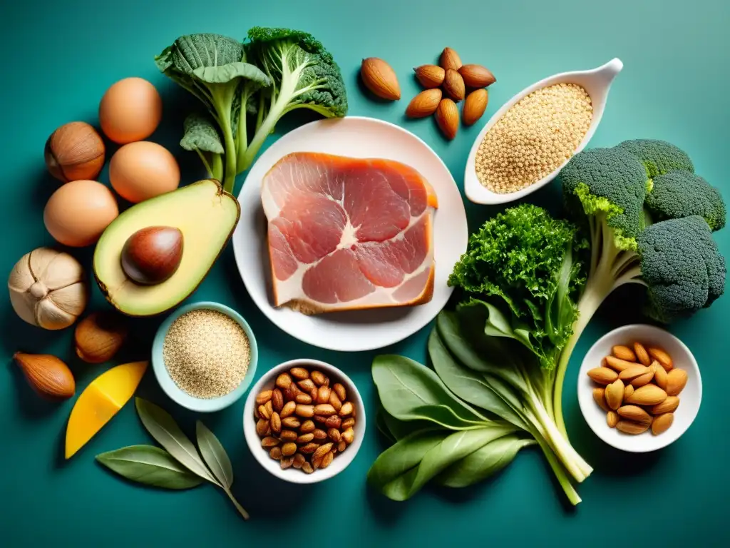 Vitaminas B: Alimentos coloridos y vibrantes Una composición moderna de diversos alimentos ricos en vitamina B, como verduras de hoja, cereales integrales, frutos secos y carnes magras