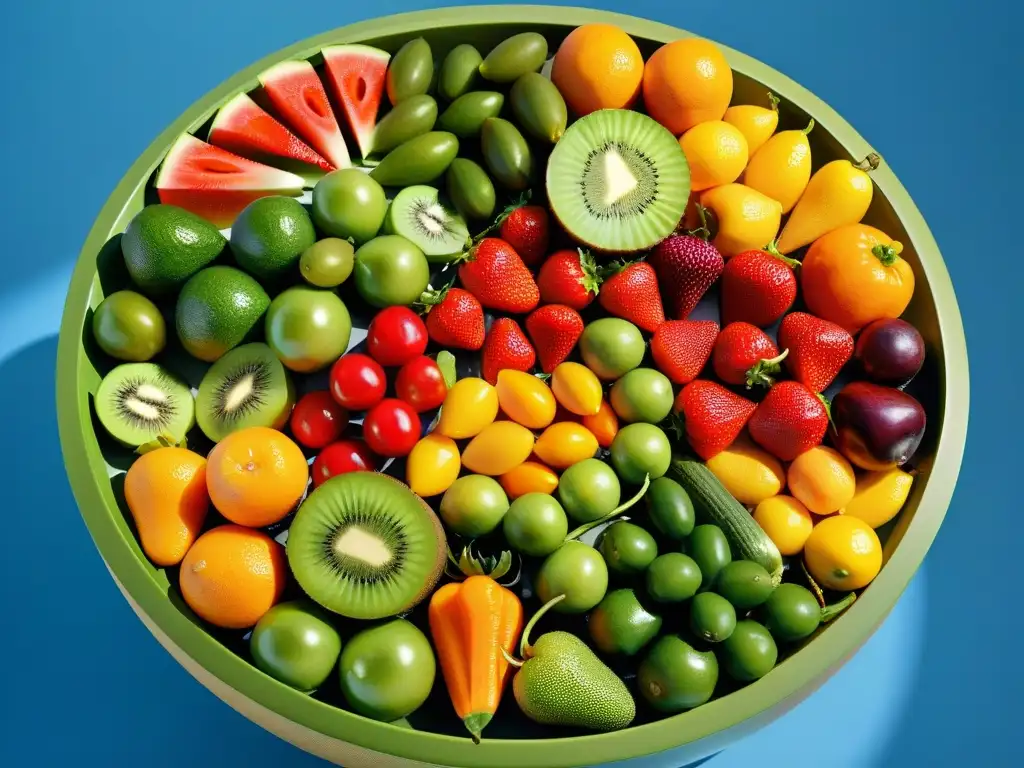 Patrón de Frutas y Verduras: Detalles Coloridos Una composición moderna y cautivadora de frutas y verduras coloridas en un patrón circular sobre una superficie brillante