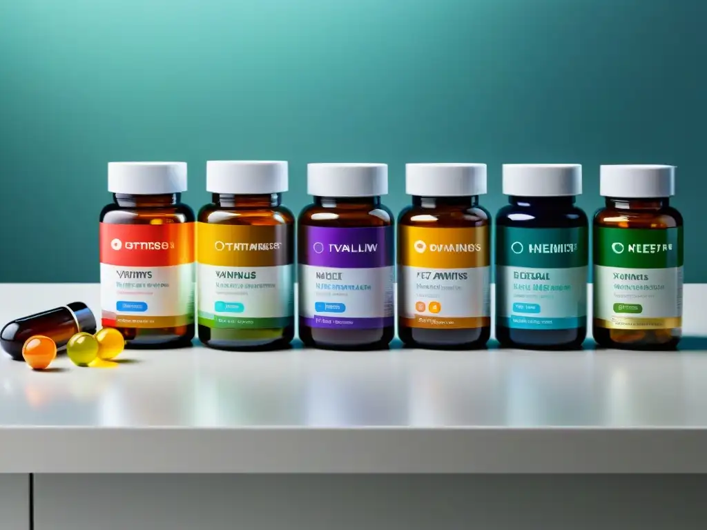 Suplementos para optimizar metabolismo: una vista detallada y colorida Una composición moderna y visualmente impactante de suplementos y vitaminas en un elegante mostrador blanco