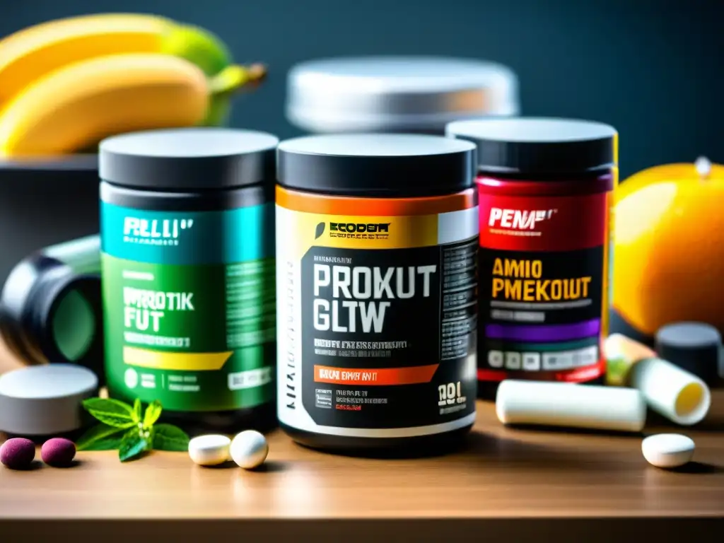 Suplementos preentrenamiento: ingredientes clave para energía y rendimiento Una composición moderna y llamativa de ingredientes clave para preentrenamiento deportivo
