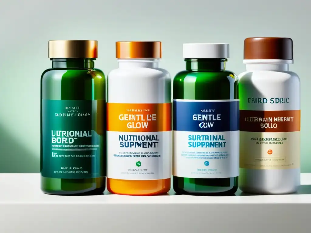 Suplementos Nutricionales: Vibrante y Moderno Una composición moderna y organizada de botellas de suplementos nutricionales en un elegante mostrador blanco
