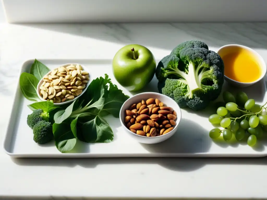 Deliciosa dieta rica en calcio: verduras, frutas y lácteos Una composición moderna con una variedad de alimentos ricos en calcio esparcidos sobre una encimera de mármol blanco, iluminados por luz natural