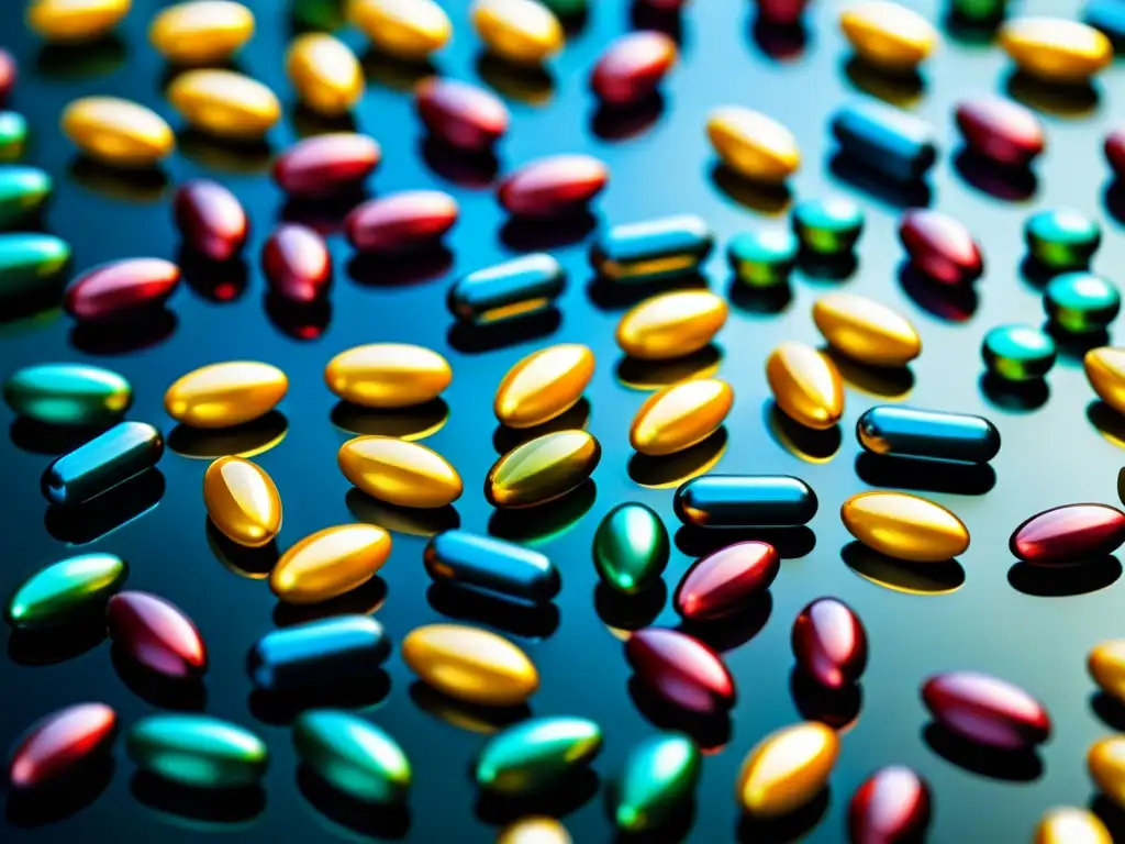Vitaminas Multicolores: Detalles Precisos y Científicos Una composición precisa y detallada de multivitaminas deportivas, resaltando su variedad de formas y colores en una superficie reflectante