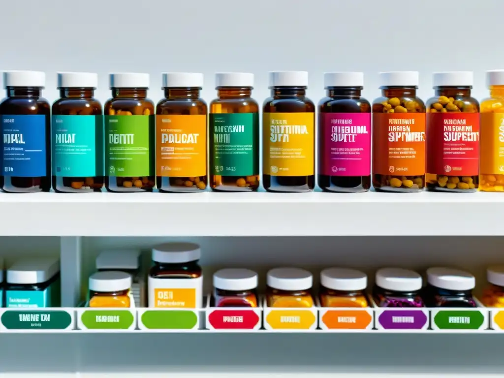 Suplementos Nutricionales: Colores y Formas Vitales Una composición precisa y vibrante de suplementos nutricionales