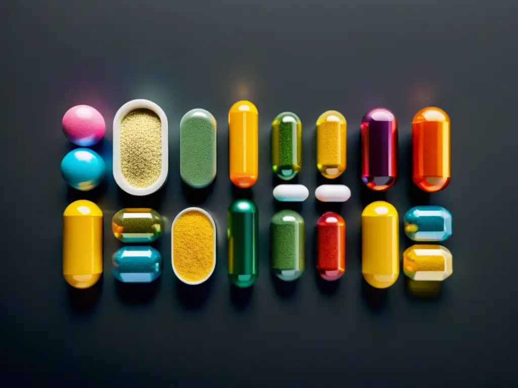 Suplementos Nutricionales: Color y Perfección Una composición simétrica de vibrantes suplementos nutricionales en un fondo negro minimalista