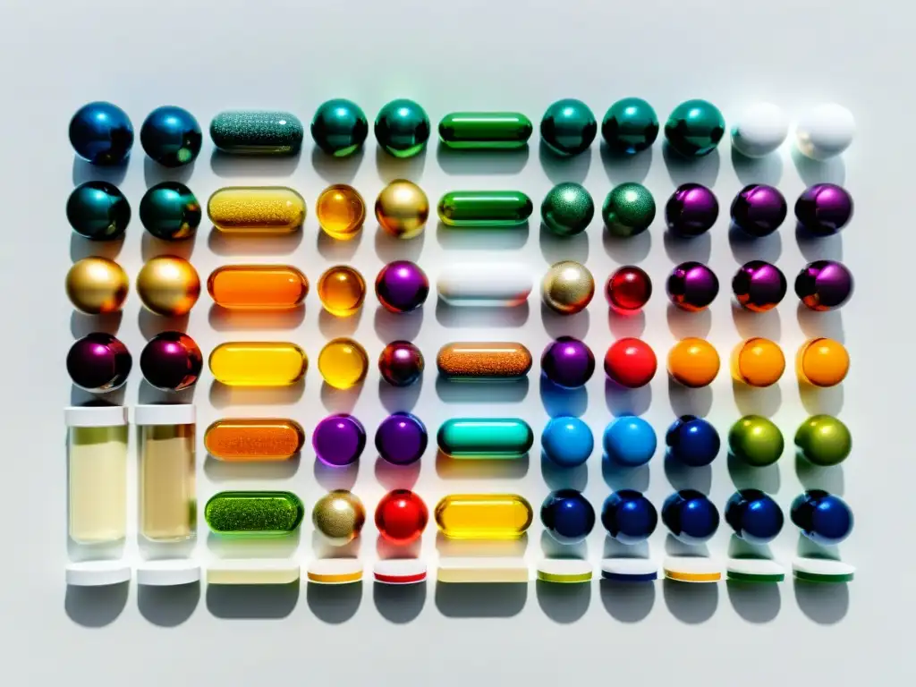 Suplementos vibrantes: un espectáculo visual de vitalidad Una composición simétrica de vibrantes suplementos y vitaminas sobre una superficie blanca minimalista, resalta su atractivo visual