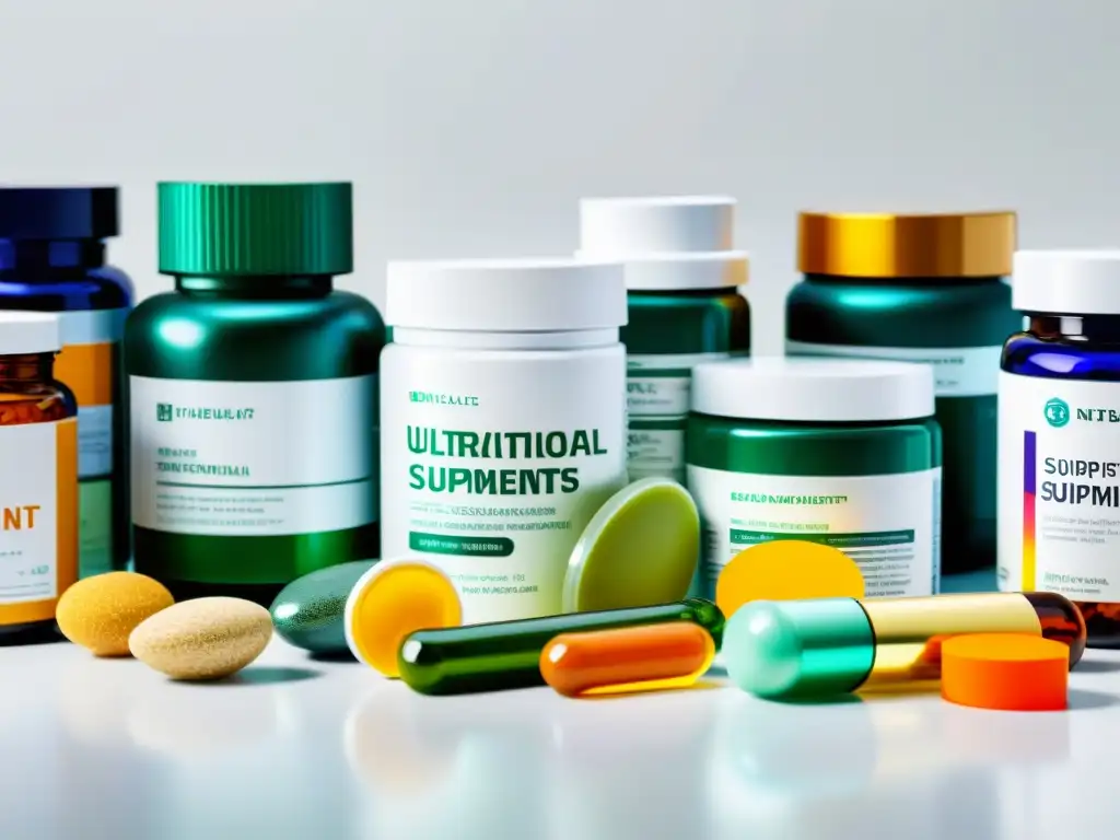 Suplementos nutricionales: precisión y diversidad Una composición ultradetallada de suplementos nutricionales con colores vibrantes y etiquetas nítidas sobre una superficie blanca