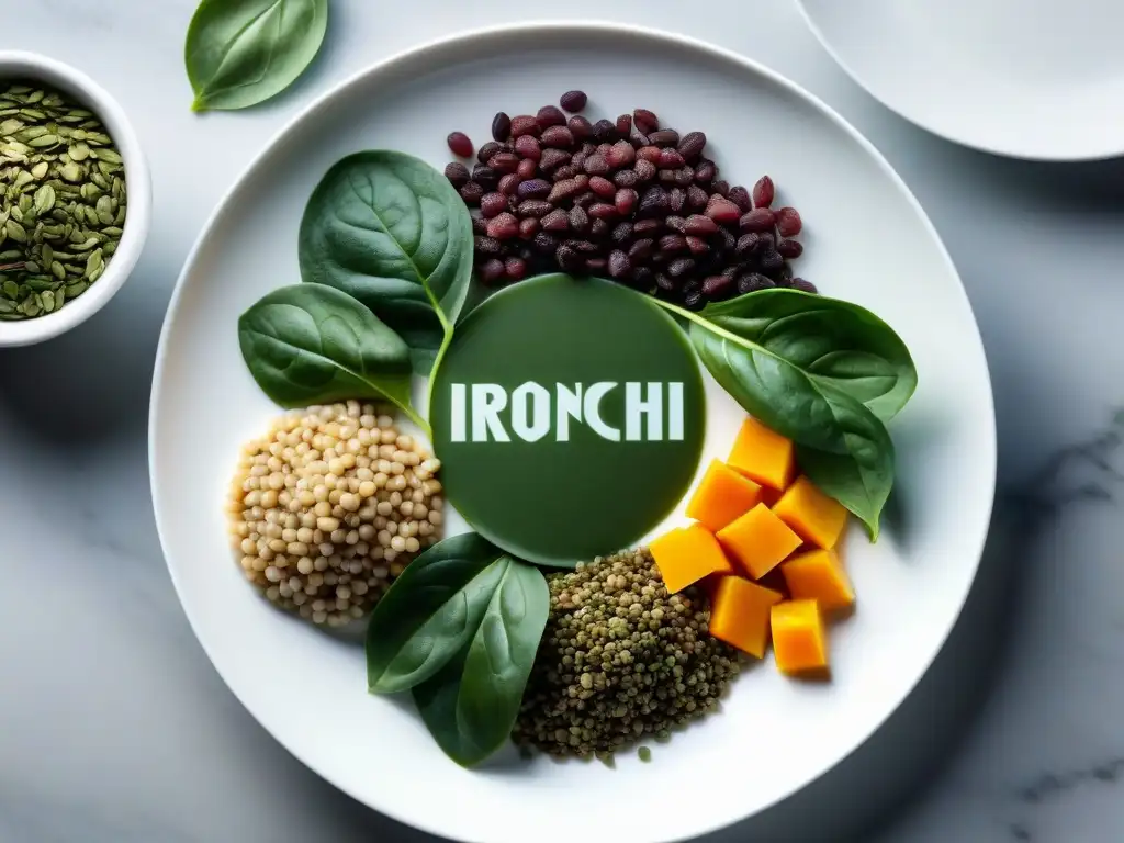 Plato blanco con alimentos ricos en hierro: frescura y vitalidad Una composición vibrante de alimentos ricos en hierro en un plato blanco minimalista, ideal para suplementación de hierro en dieta keto
