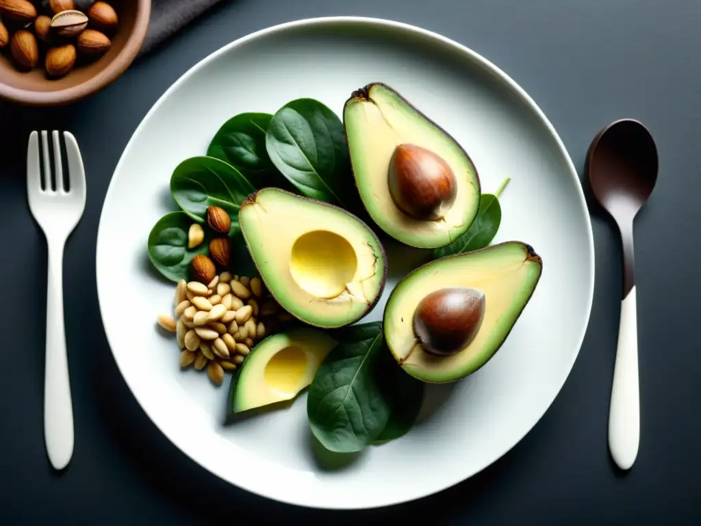 Deliciosos alimentos ricos en magnesio en closeup Una composición vibrante de alimentos ricos en magnesio para dieta keto, como espinacas, aguacate, nueces, semillas y chocolate negro, presentados de forma apetitosa en un plato blanco sobre fondo oscuro