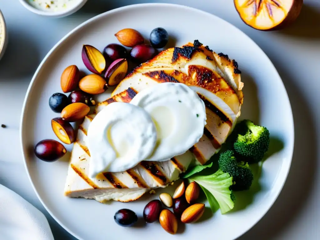 Plato de alimentos ricos en proteínas para recuperación post-entrenamiento Una composición vibrante de alimentos ricos en proteínas para la recuperación postentrenamiento, evocando frescura y vitalidad