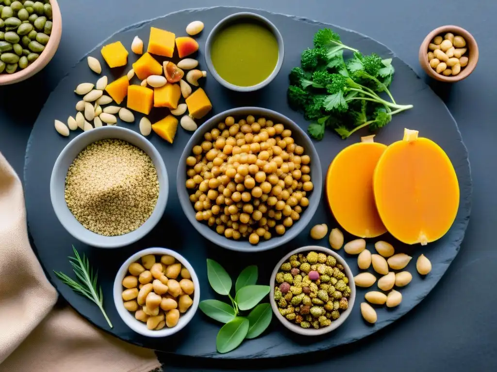 Alimentos veganos ricos en zinc: una explosión de color y textura Una composición vibrante de alimentos ricos en zinc para la dieta vegana, presentados en una elegante bandeja de pizarra