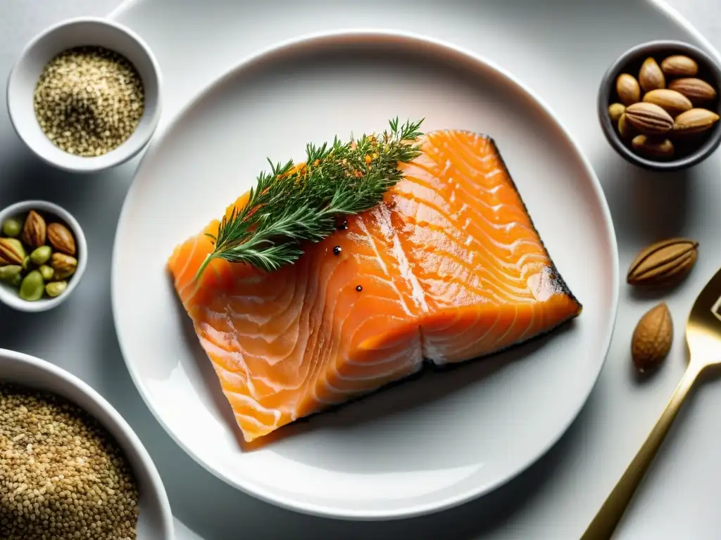 Omega3: Alimentos ricos en omega3 en detalle Una composición vibrante de alimentos ricos en omega 3 como salmón, semillas de chía, lino y nueces en un plato blanco moderno