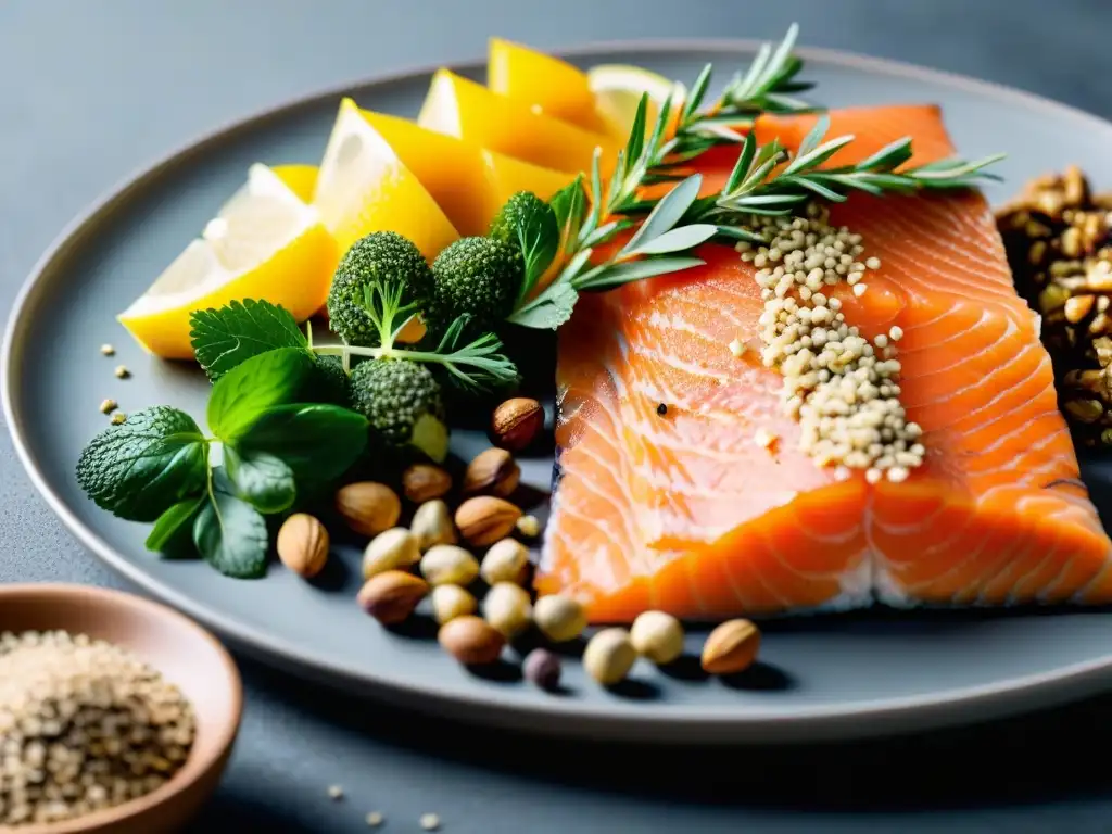 Omega3: Frescura y Nutrición Vibrante Una composición vibrante de alimentos ricos en omega 3, como salmón, semillas de chía, nueces y linaza, que resalta frescura y bienestar