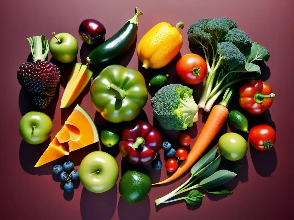 Patrón vibrante de frutas y verduras frescas Una composición vibrante de frutas y verduras frescas desafía los mitos de los superalimentos con su diversidad y vitalidad