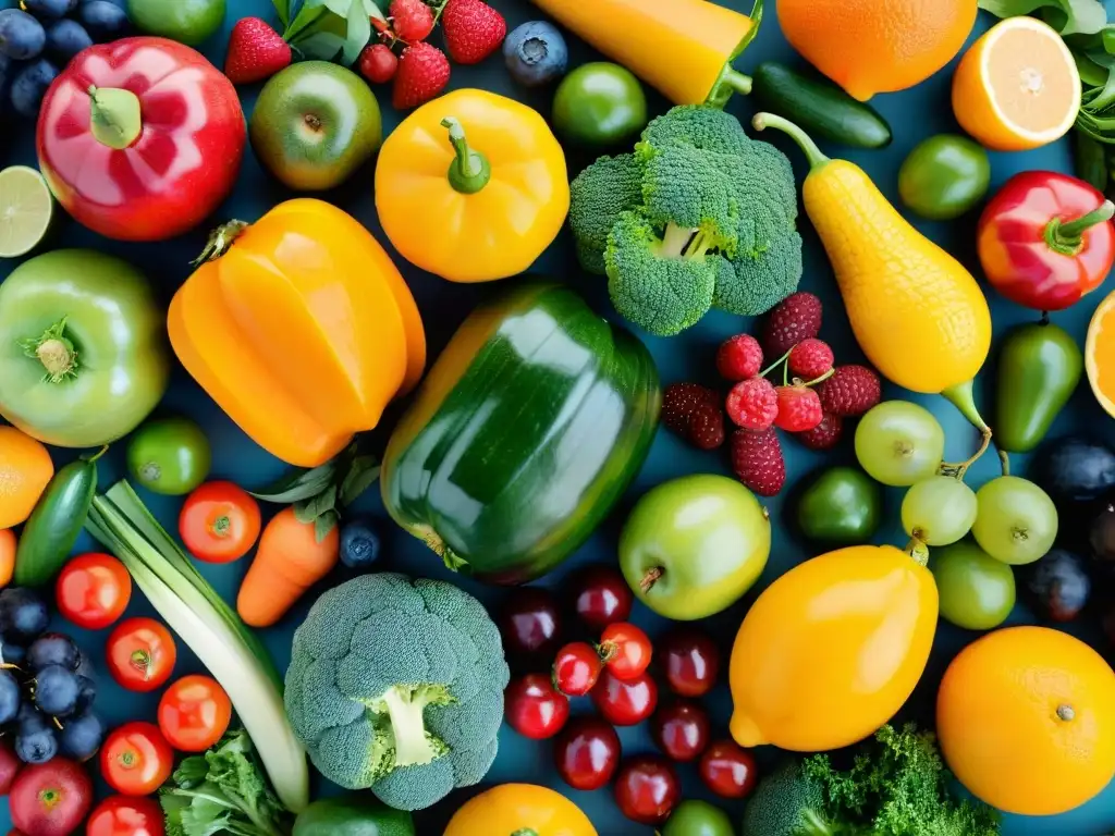 Patrón vibrante de frutas y verduras frescas para una dieta saludable Una composición vibrante de frutas y verduras frescas, transmitiendo vitalidad y nutrientes