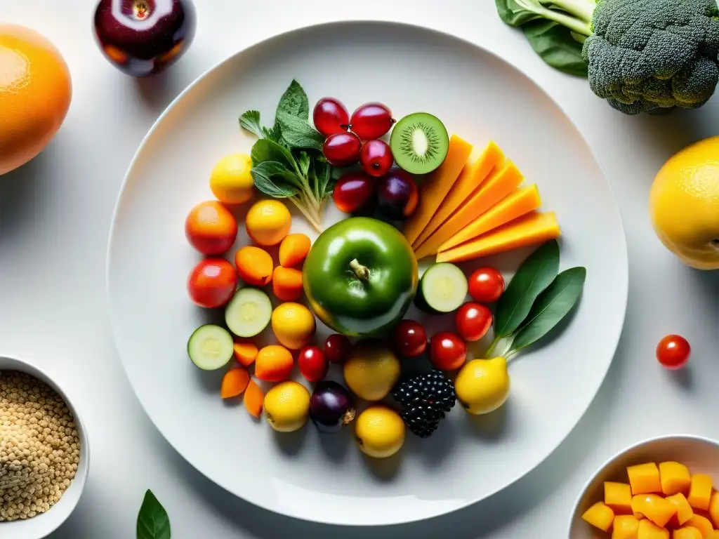 Exuberante variedad de frutas y verduras en plato blanco Una composición vibrante de frutas y verduras en un plato blanco moderno
