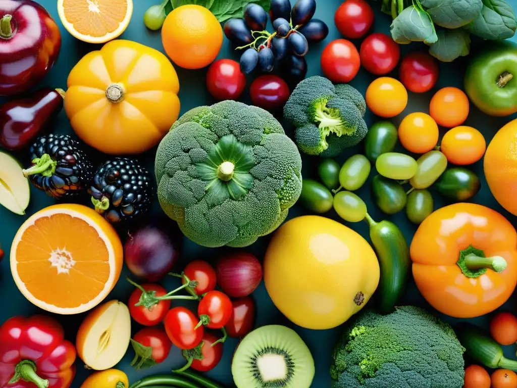 Exquisita variedad de frutas y verduras para una nutrición equilibrada Una composición vibrante de frutas y verduras, resaltando su diversidad nutricional