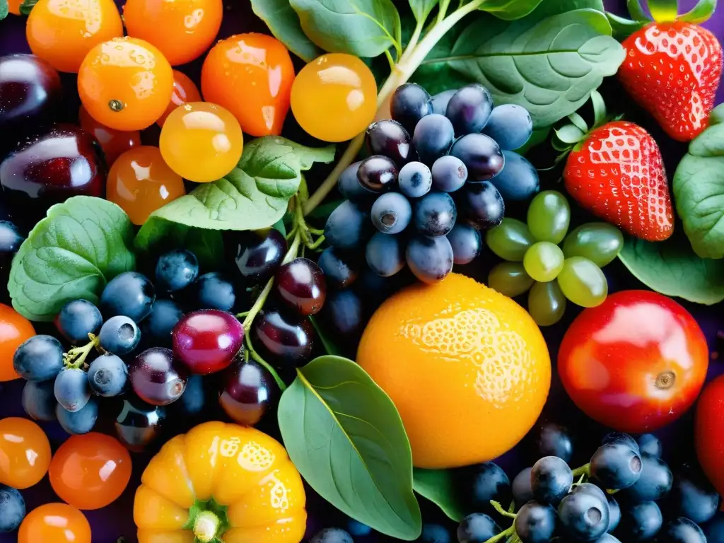 Deliciosa vitalidad: frutas y verduras frescas en closeup Una composición vibrante de frutas y verduras frescas, destacando la importancia de micronutrientes para la recuperación postentrenamiento