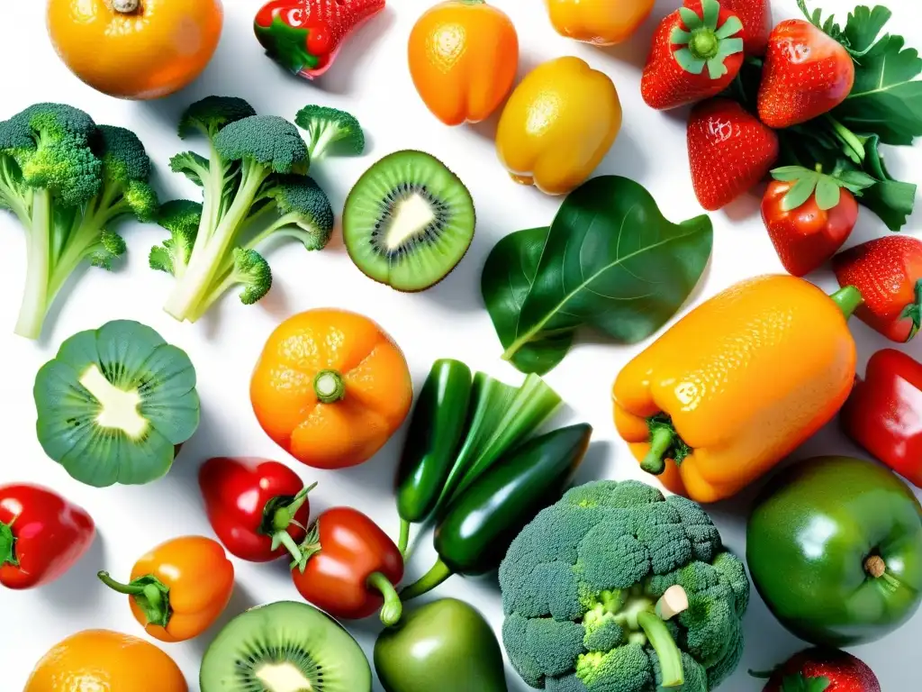 Vitaminas en la cocina: Frutas y verduras ricas en vitamina C Una composición vibrante de frutas y verduras ricas en vitamina C en un moderno mostrador blanco